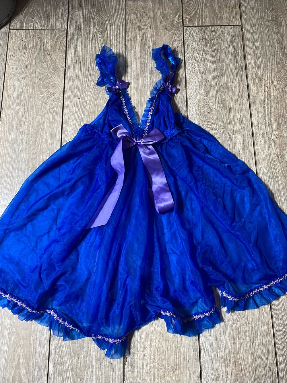 VTG Victoria’s Secret Blue Chiffon Babydoll Slip Dress Sheer Ruffle Ribbon Bow M